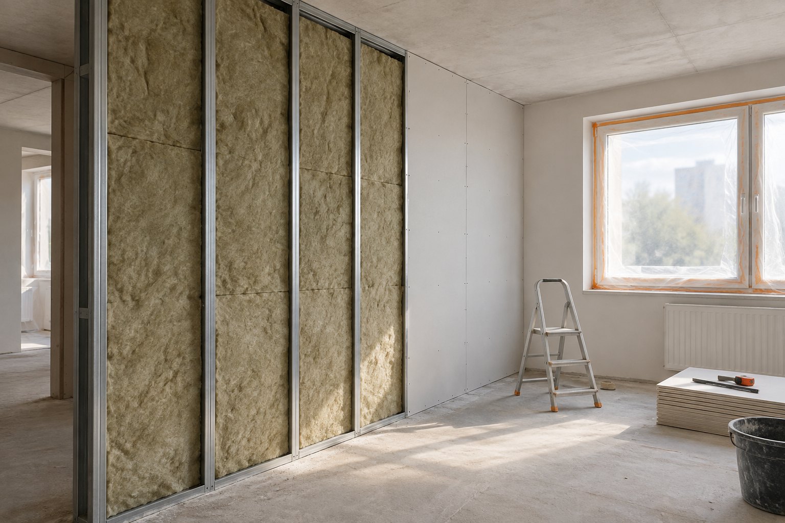 Каркасная облицовка стены со звукопоглощающим материалом в процессе отделки