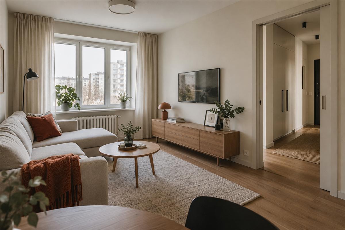 Гостиная с обычным окном и видом на коридор со шкафом — концепция ремонта брежневки